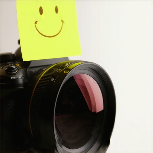 A neon sticky note with a smiley face attached to a camera lens to help with eye contact.