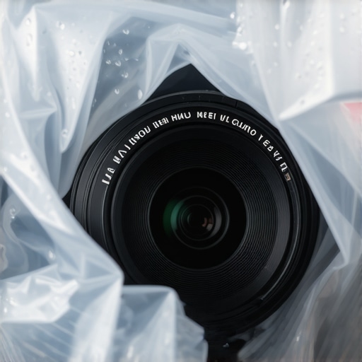 A camera lens protected from condensation inside a sealed plastic bag.
