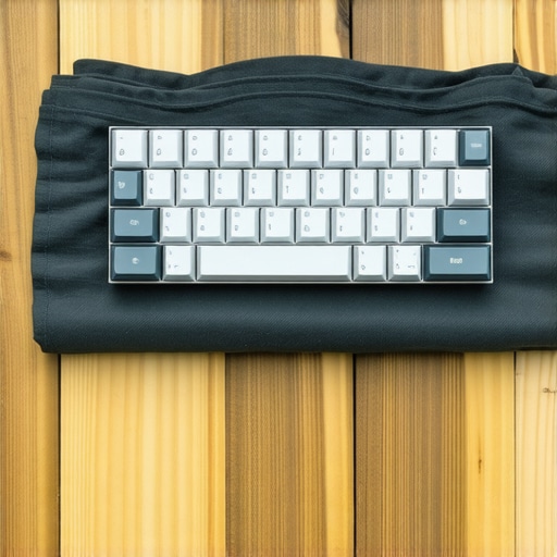 A keyboard sitting on a folded towel to reduce desk vibrations for better audio quality.
