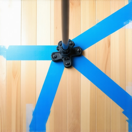 Blue painter's tape marking a tripod leg position on a hardwood floor for consistent camera setup.
