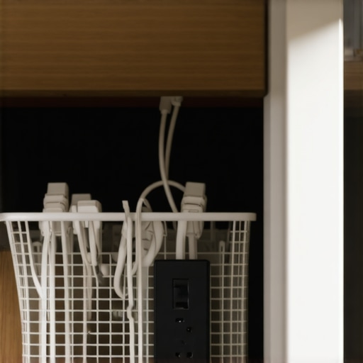 A power strip mounted inside a wire basket under a desk for cable management.