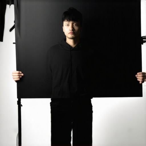 A creator demonstrating how to use a light flag to create depth in a video studio.