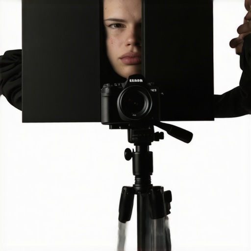 A creator using black foam boards to create depth and shadows in a home studio setup.