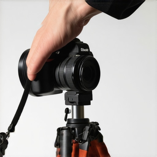 Close-up of a hand pulling a rubber band attached to a tripod handle for cinematic camera movement.