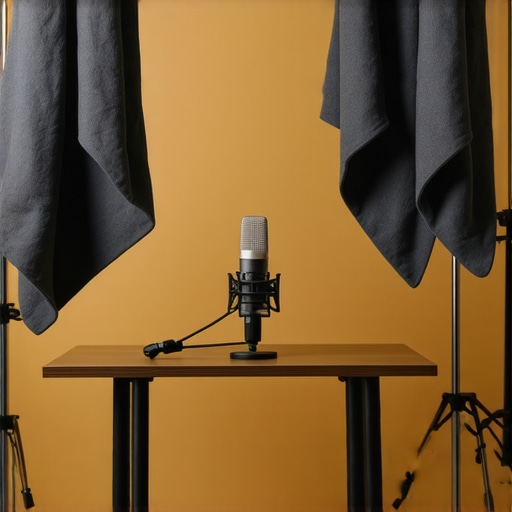 A home studio with moving blankets arranged in a V-shape to absorb sound reflections and improve audio quality.