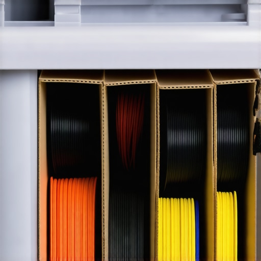 A plastic bin with custom cardboard dividers used for organized cable storage in a video studio.