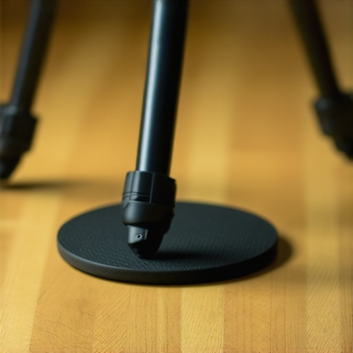 A tripod leg resting on a rubber isolation mat to prevent floor vibrations.