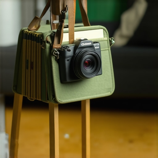 A tripod stabilized by a bag of books hanging from the center hook